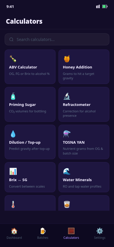 Calculators and tools screen